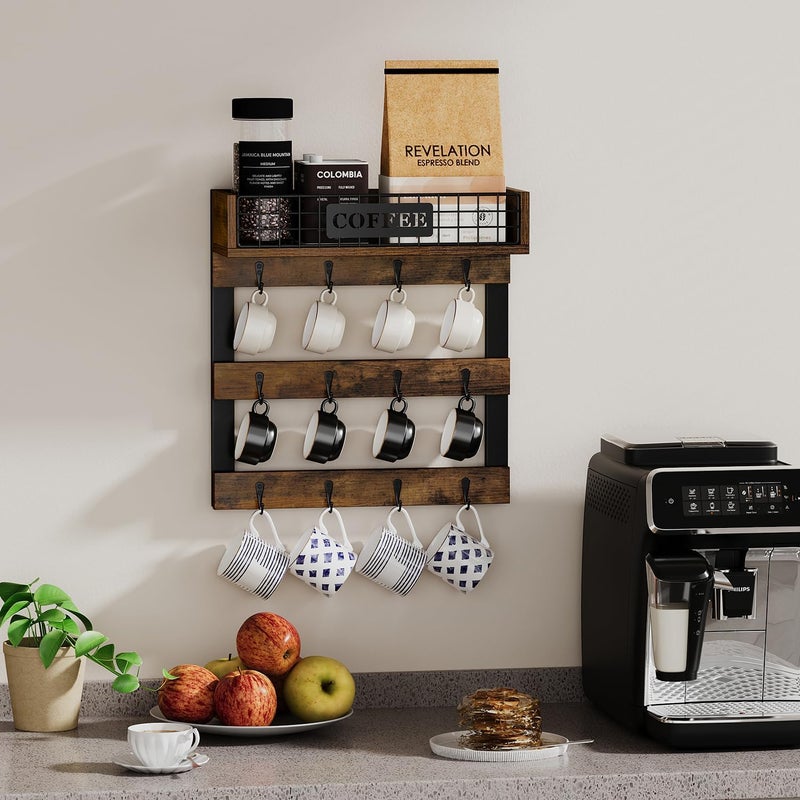 YINMIT Coffee Mug Holder Wall Mounted, Wood Mug Racks with 12 Hooks, Coffee Cup Holder for Wall with Storage Shelf, Cups Rack for Home, Kitchen - Image 3